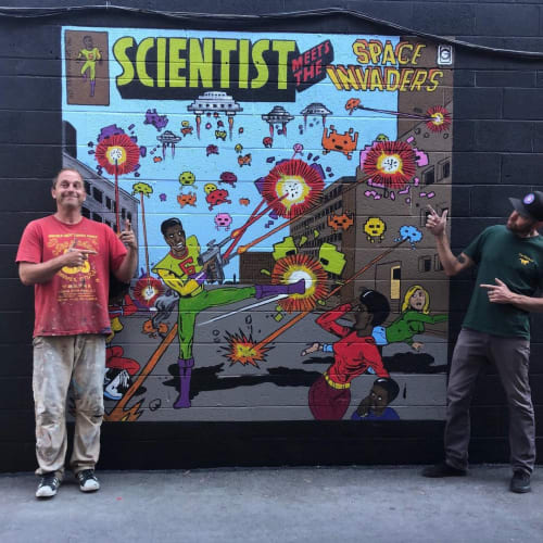 Scientist Meets the Space Invaders | Street Murals by Josh Scheuerman | Randy's Records in Salt Lake City
