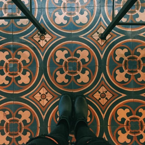 Traditional Bruselas Cement Tile | Tiles by Avente Tile | Bo's Kitchen and Bar Room in New York