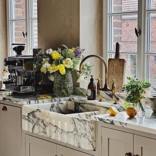 Handmade Marble Farmhouse Kitchen Sink - Double Bowl Apron Front Natural Stone Luxury Custom Design | Water Fixtures by AYMARBLEDESIGN LLC
