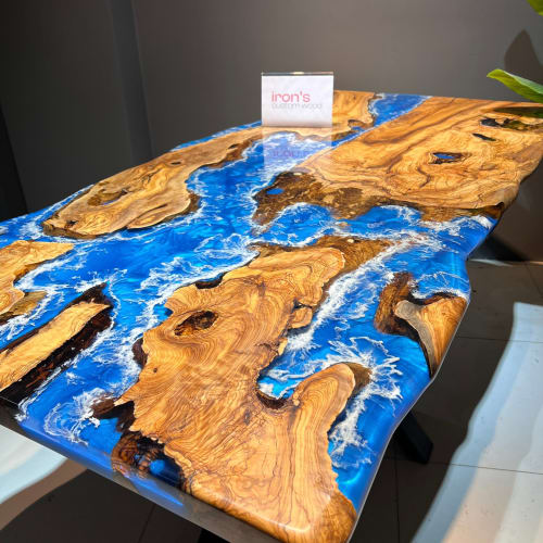 Live Edge Olive Wood Dining Table with Ocean Blue Resin | Tables by Ironscustomwood