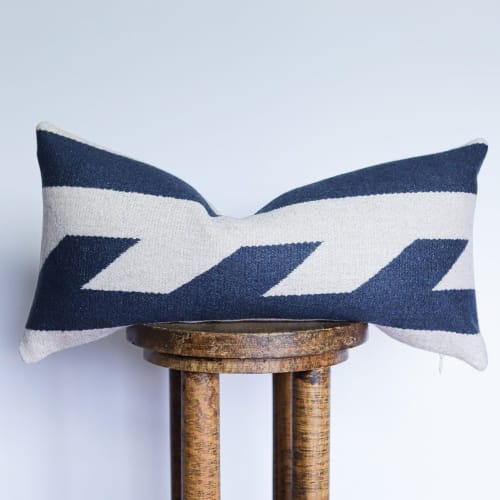 Beige & Navy Wool with Stripe Motif Lumbar 12x24 | Pillows by Vantage Design