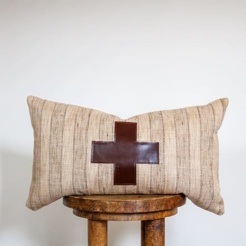 Tan "Jute" Stripes with Dark Chocolate Leather Cross Pillow 12x20 | Pillows by Vantage Design