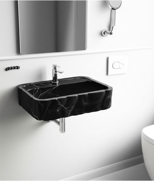 Hand-Carved Black Marble Bathroom Sink: Sculptured Toros Design | Water Fixtures by AYMARBLEDESIGN LLC