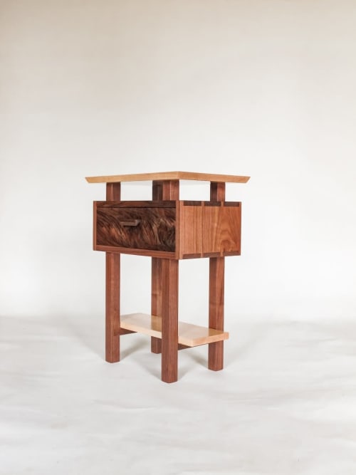 The Encore Nightstand - Walnut with Tiger Maple | Storage by Mokuzai Furniture