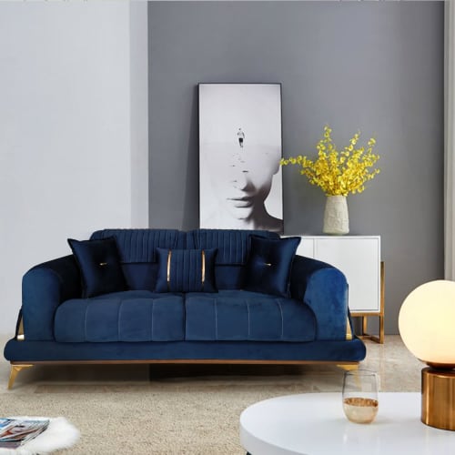 Un Perce-Neige , 87''  Round Arm Sofa, Royal Blue Velvet Uph | Couches & Sofas by Art De Vie Furniture