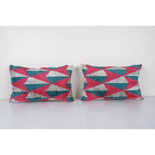 Silk Ikat Velvet Lumbar Pillow Cover, Matching Pink Ikat Lum | Cushion in Pillows by Vintage Pillows Store