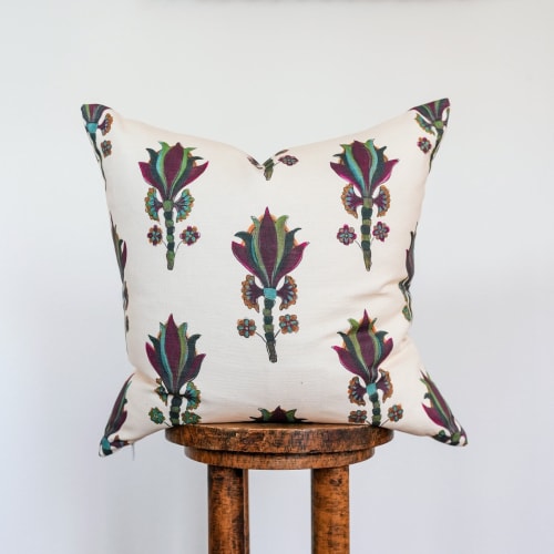 Deep Purple Flower Motif Printed on Linen Pillow 20x20 | Pillows by Vantage Design