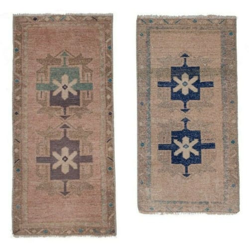 Set of Two Distressed Small Turkish Rug - Pair Kitchen Rug | Rugs by Vintage Pillows Store