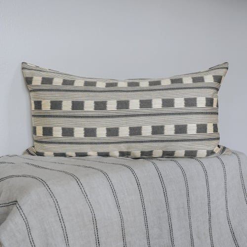 Striped Grey Squares On Natural Linen Pillow Set of 2  - 20x36 | Pillows by Vantage Design