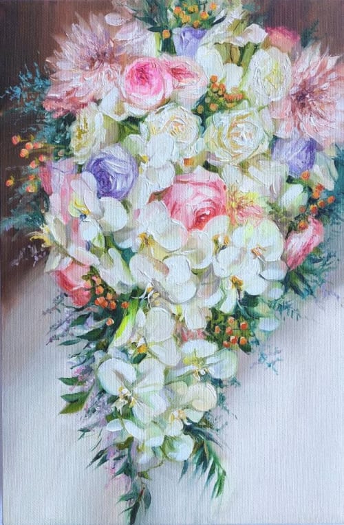 Bridal bouquet painting from photo, Wedding orchid flowers | Paintings by Natart