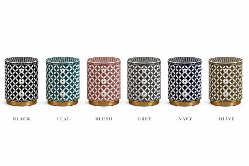 Handmade Bone Inlay Round Eclectic Nightstand, Purple Moroccan 3 Drawer Bedside Table | Storage by IKKAZA