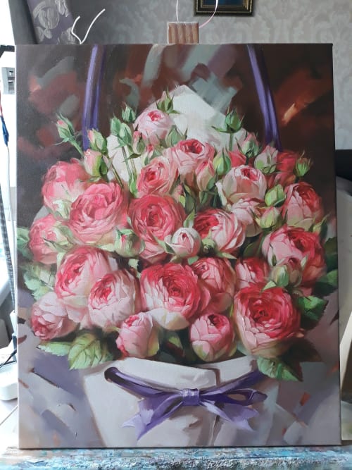 Large rose flowers painting original on canvas, Red roses | Paintings by Natart