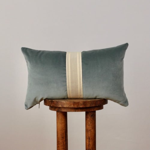 Peacock Teal Velvet with Decorative Trim Accent Pillow 12x20 | Cushion in Pillows by Vantage Design