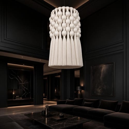 Macrame Chandelier 14x24 Inch, Boho Pendant Light, Tassel Ceiling Lamp, Modern Fiber Art Lighting | Chandeliers by İnanç Yılmaz
