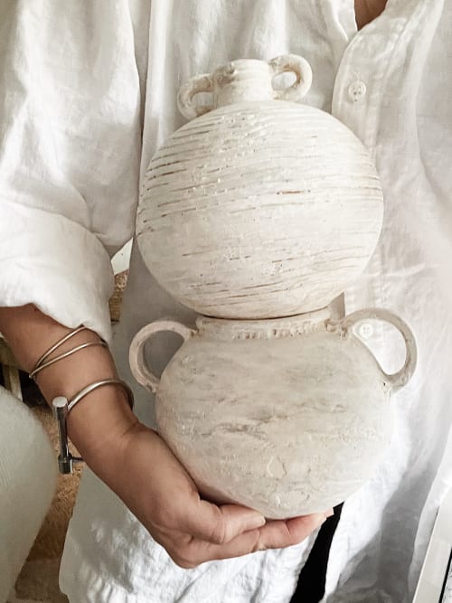 Handmade Ceramic Wide Banded Vessel Neutral | Vase in Vases & Vessels by MUDDY HEART