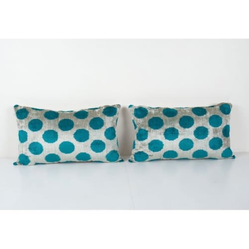 Turquois Ikat Velvet Pillow Cover, Set Turkish Polka Dot Cus | Pillows by Vintage Pillows Store