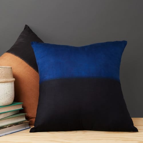 Aakar Mor Black & Indigo Color Block Mulberry Silk Pilow | Pillows by Studio Variously