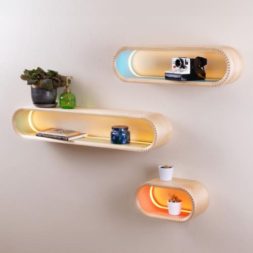 LED Floating Shelf: Bent Wood Wall Display with Colorful Interior | Shelving in Storage by Spacecraft Furnishing