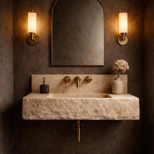 Floating Travertine Stone Sink with Backsplash | Custom Wall Mounted Vanity | Water Fixtures by Vero Marble