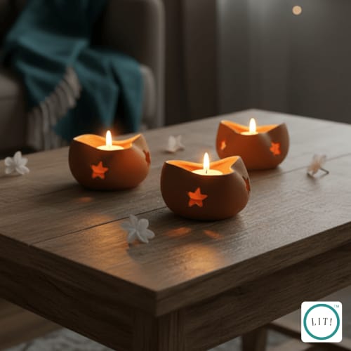 Stara Handmade Terracotta Tealight Holder (Pack of 2) | Candle Holder in Decorative Objects by Lit Lamps - Sustainable Mindful Lighting