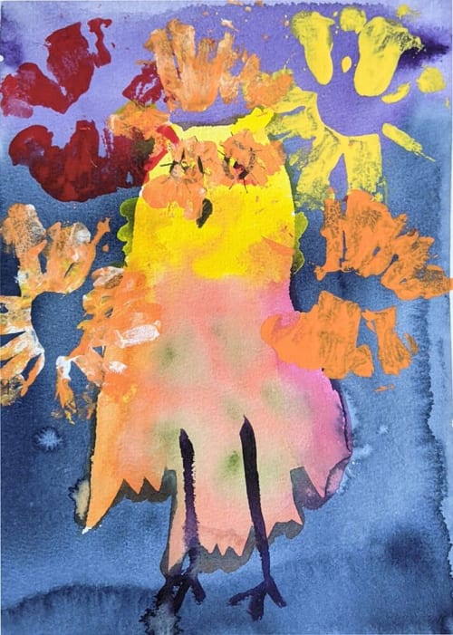 Fireworks Owl - Original Watercolor | Paintings by Rita Winkler - "My Art, My Shop" (original watercolors by artist with Down syndrome)