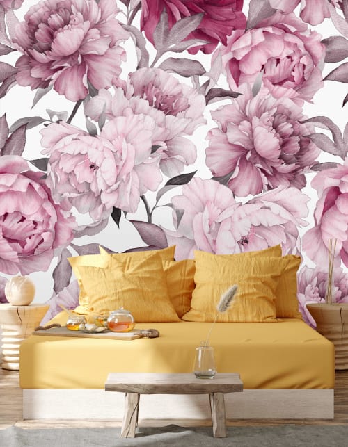 Pink Peony on White Background Wallpaper Mural | Wall Treatments by uniQstiQ