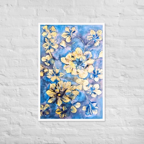Framed Print – Iris Lake – Blue and Gold Floral Wall Art | Work by Eman's Gallery