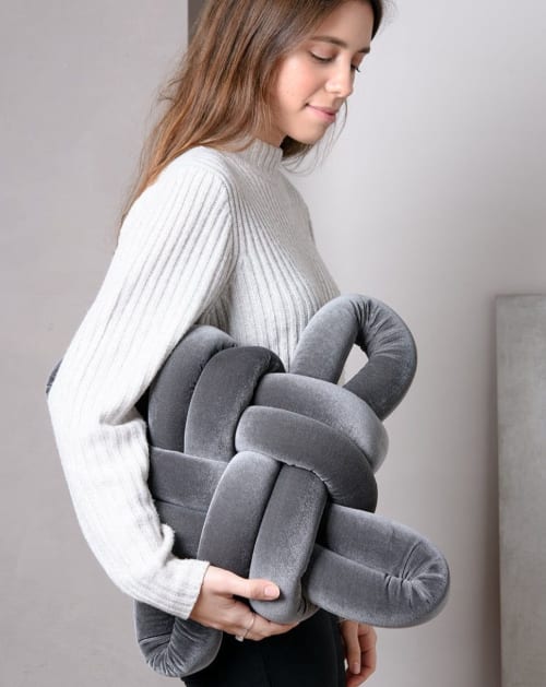 Grey Velvet Knot Pillow | Pillows by Knots Studio
