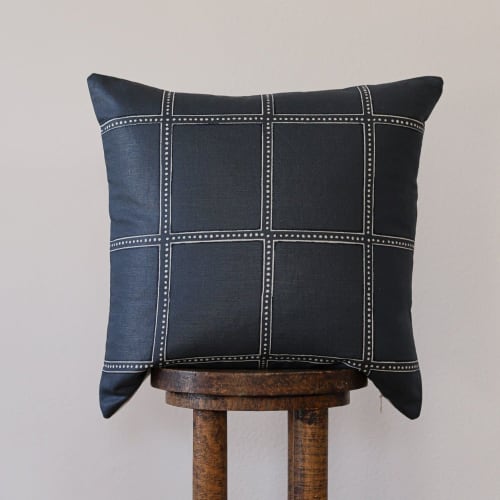 Navy Print on Linen with Windowpane Design Decorative Pillow | Pillows by Vantage Design