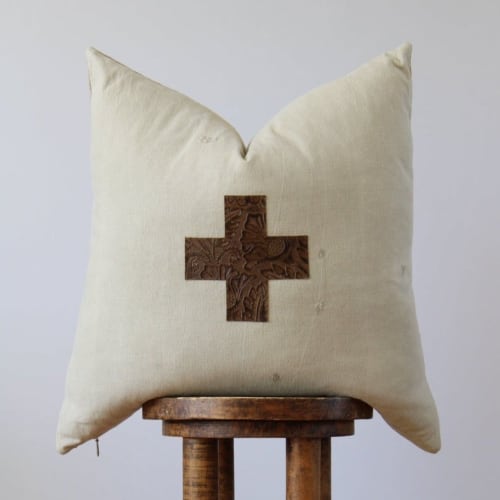 Beige Vintage Army with Embossed Leather Cross Pillow 22x22 by