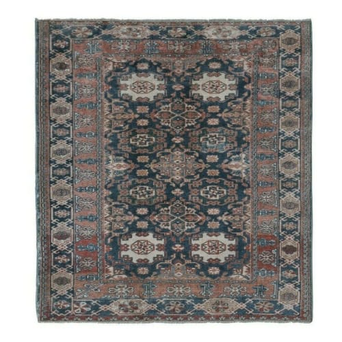 Handknotted Square Caucasian Blue Shirvan Rug 4'5" X 5'1" | Rugs by Vintage Pillows Store