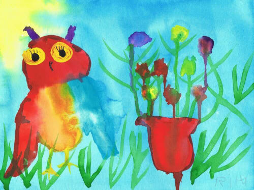 Spring Owl - Original Watercolor | Watercolor Painting in Paintings by Rita Winkler - "My Art, My Shop" (original watercolors by artist with Down syndrome)