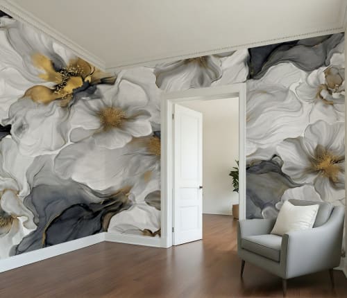 Gray and Gold Floral — Bold Floral Luxury Wallpaper Mural | Wall Treatments by ELLE WALLS