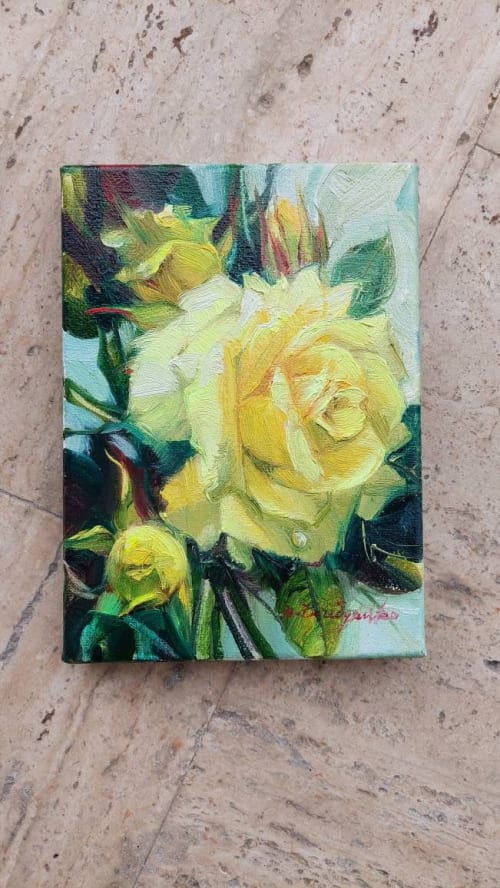 Yellow flowers rose painting on canvas, Original flower rose | Paintings by Natart