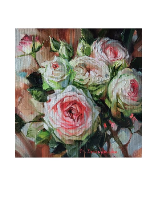 Roses art original floral oil painting on canvas, White red | Oil And Acrylic Painting in Paintings by Natart