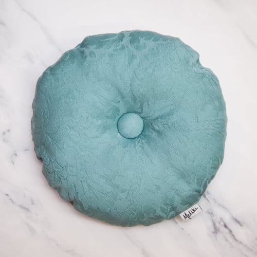 Tufted Throw Pillow, Teal Damask | Pillows by Melike Carr