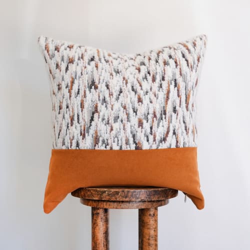 White Wool with Striations Capped with Orange Felt Wool Pillow 20x20 | Pillows by Vantage Design