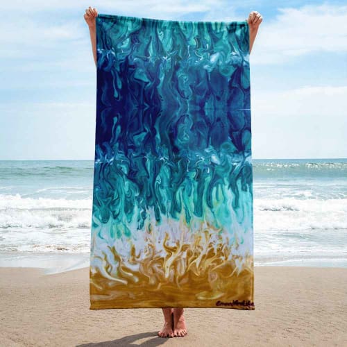 Beach Towel - Good Tidings - Fluid Blue Gold Ocean | Work by Eman's Gallery