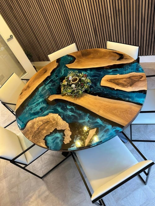 Custom Order Walnut Tree Diameter Round Turquoise White | Dining Table in Tables by LuxuryEpoxyFurniture