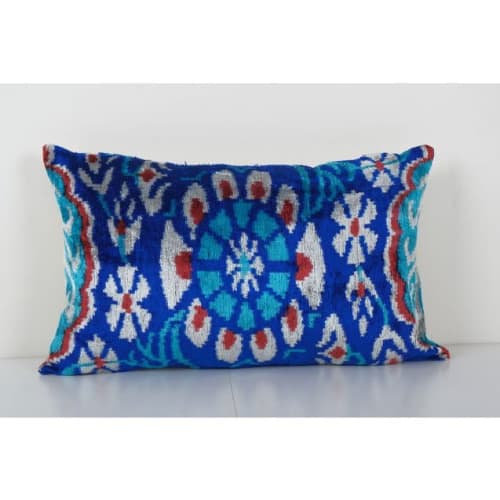 Ikat Velvet Pillow - Blue Silk Lumbar Cushion Cover - Boho H | Pillows by Vintage Pillows Store