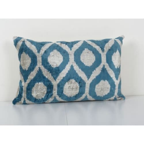 Ikat Lumbar Pillow, Sky Blue Silk Velvet Pillow Cover, Polka | Pillows by Vintage Pillows Store