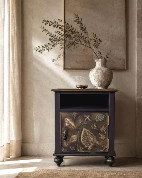 Handcrafted Black Accent Cabinet with Botanical Relief | Solid Wood Side Table | Nature Inspired End Table | One of a Kind Furniture | Tables by Alevtina G