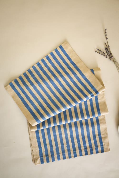 Oh! Stripes (Blue) Block Print Table Runner | Linens & Bedding by Ninéh