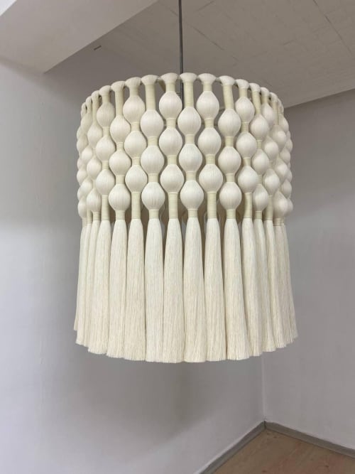 Handmade Macrame Tassel Chandelier – Boho Cotton Fringe Pendant Light, Ivory Beaded Orb Shade | Macrame Wall Hanging in Wall Hangings by RavaTapestryArt