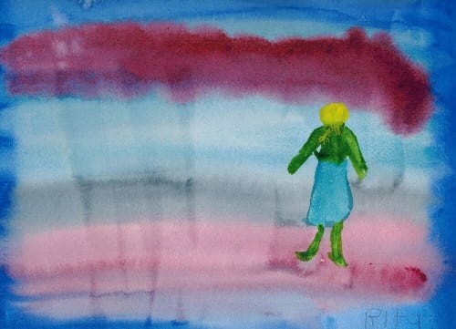 Lady on a Beach - Original Watercolor | Paintings by Rita Winkler - "My Art, My Shop" (original watercolors by artist with Down syndrome)