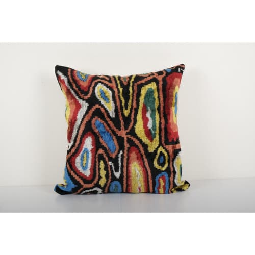 Square Colorful Design Ikat Velvet Pillow - Black Ethnic Sil | Pillows by Vintage Pillows Store