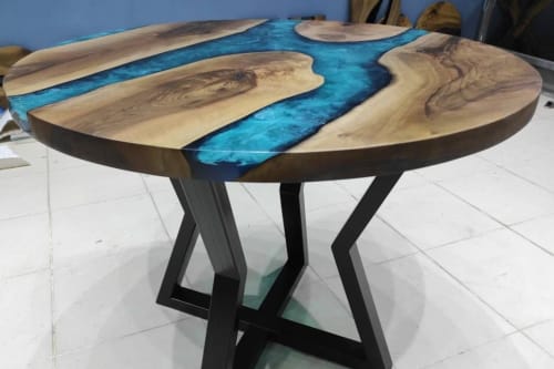40" Walnut Diameter Round Turquoise White River Epoxy Table | Dining Table in Tables by LuxuryEpoxyFurniture