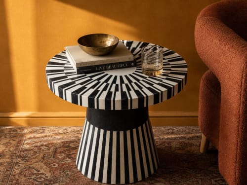 Black and White Bone Inlay Round Side Table, Striped Boho Accent Furniture | Tables by IKKAZA