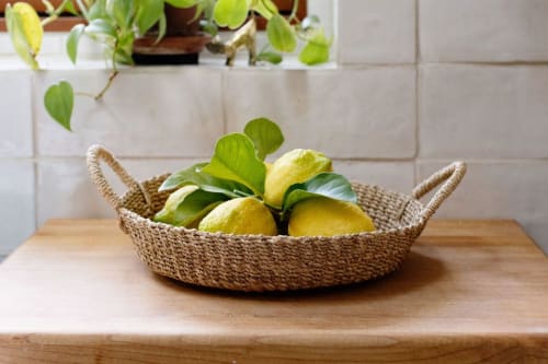 Woven Round Tray I Yellow | Decorative Tray in Decorative Objects by NEEPA HUT