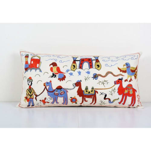 Animal Motif Suzani Pillow, Vintage Embroidered Textile from | Pillows by Vintage Pillows Store